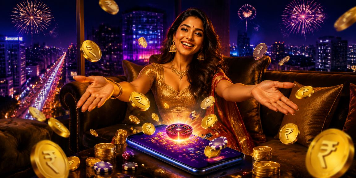 Bangalore cityscape with people enjoying casino app with rupee symbol
