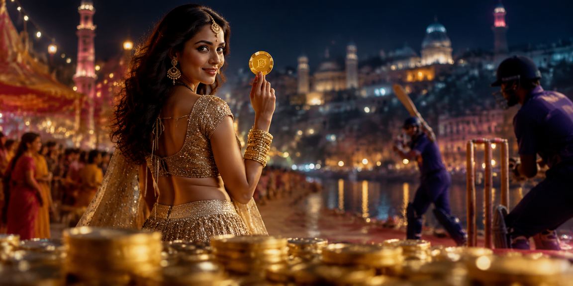 Indian woman in lehenga enjoying cricket betting on mobile app