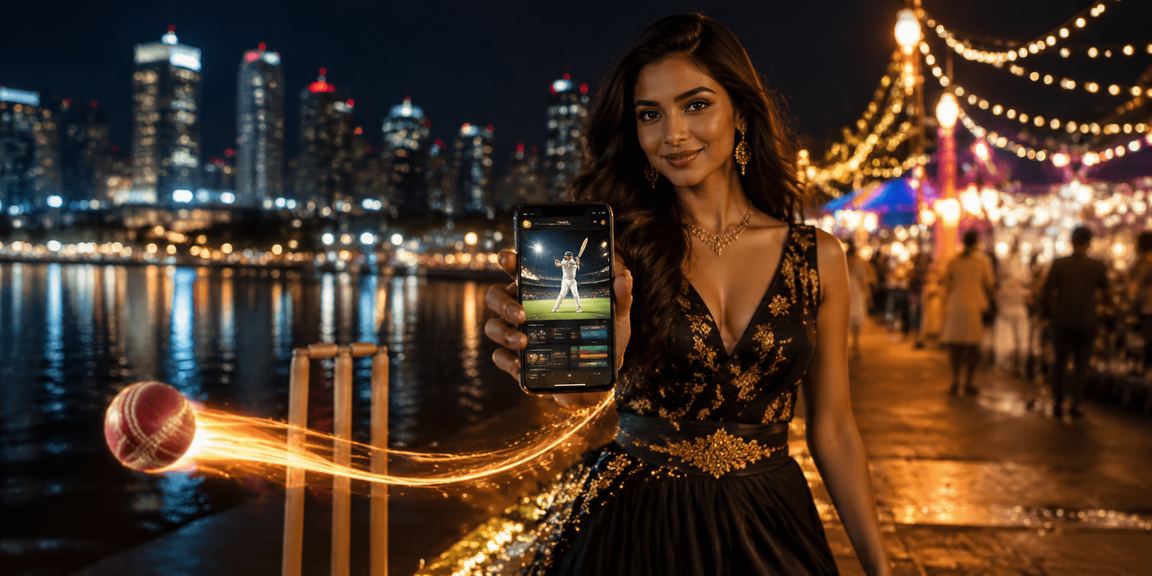 Night market scene promoting cricket betting in India