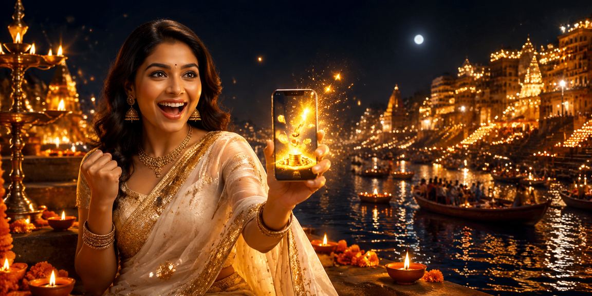 A woman playing casino games on a smartphone at Varanasi riverfront